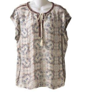 Daniel Rainn Embroidered Short Sleeve Woven Top with Tassel Tie Size XL